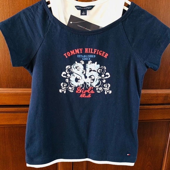 Tommy Hilfiger navy blue & white cotton t-shirt top logo on its front Girls M - Picture 2 of 10